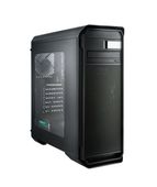 A black computer case with a clear window and a fan on a white background.