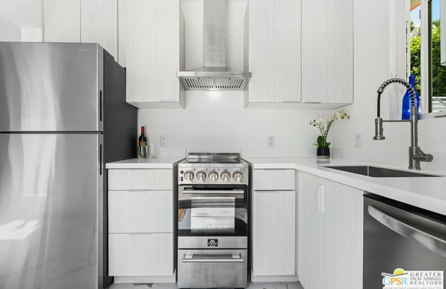 Modern white kitchen with stainless steel appliances, stove, and sink.