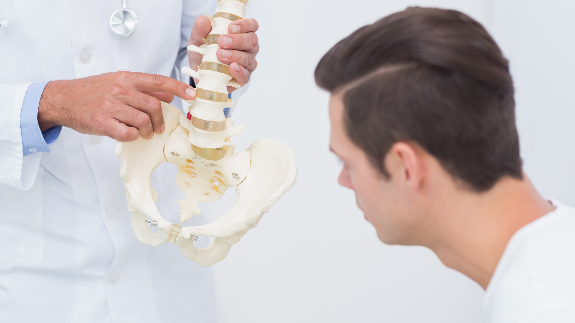 Doctor showing a spine model to a patient in a clinic consultation