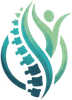 Abstract teal leaf with a curved trail of dark teal dots on a white background