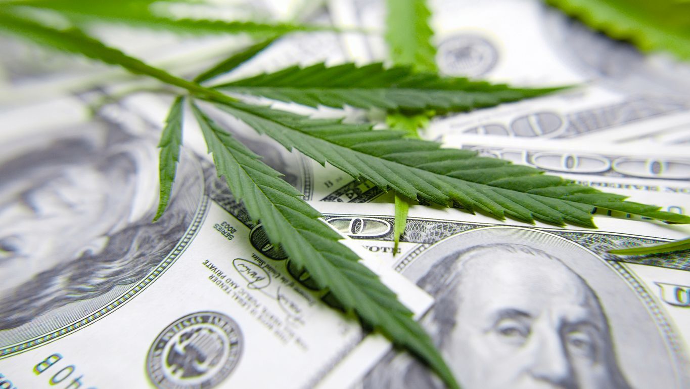 Green cannabis leaf on top of US hundred dollar bills.