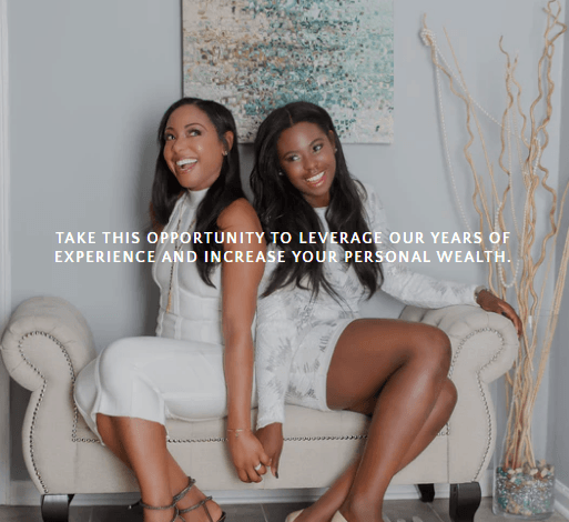 Two women, dressed in white, sitting on a loveseat, smiling. Text reads: Take this opportunity to leverage our years of experience and increase your personal wealth.