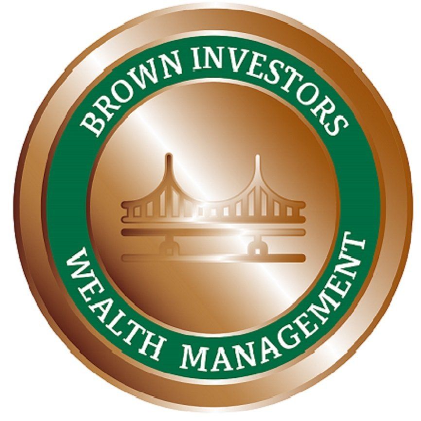 Bronze logo: Brown Investors Wealth Management, green border, bridge icon.