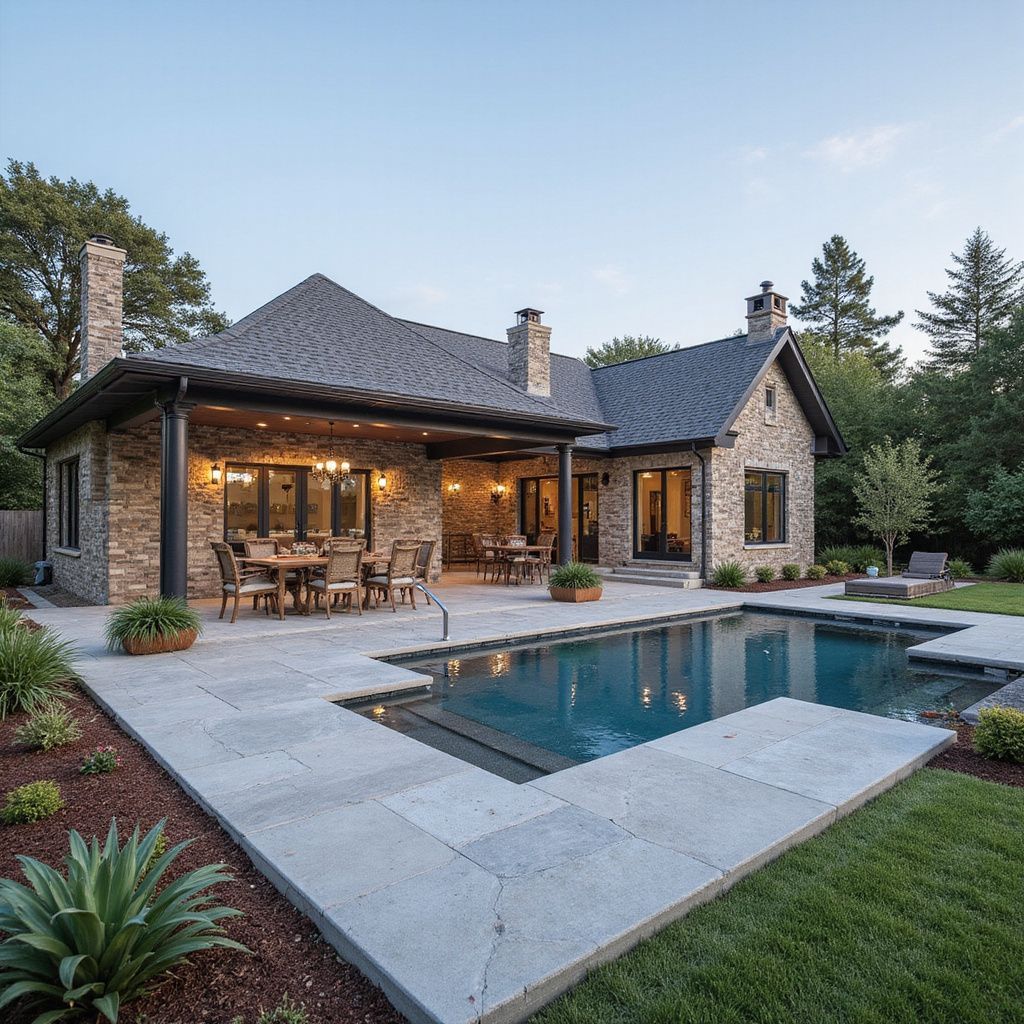 Stone home with pool, patio, and dining area under a covered porch.