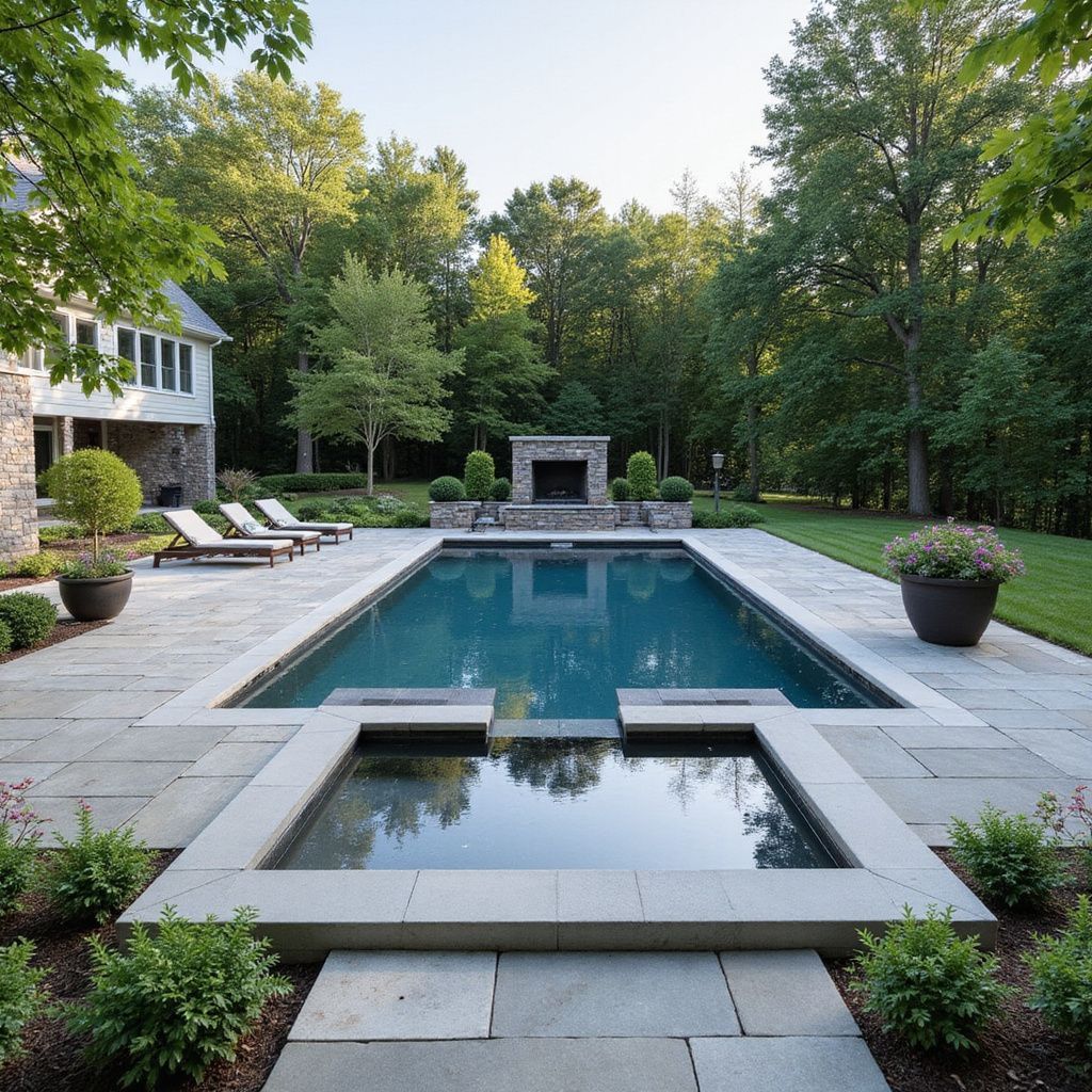Rectangular pool and spa area with stone patio, fireplace, and surrounding greenery.