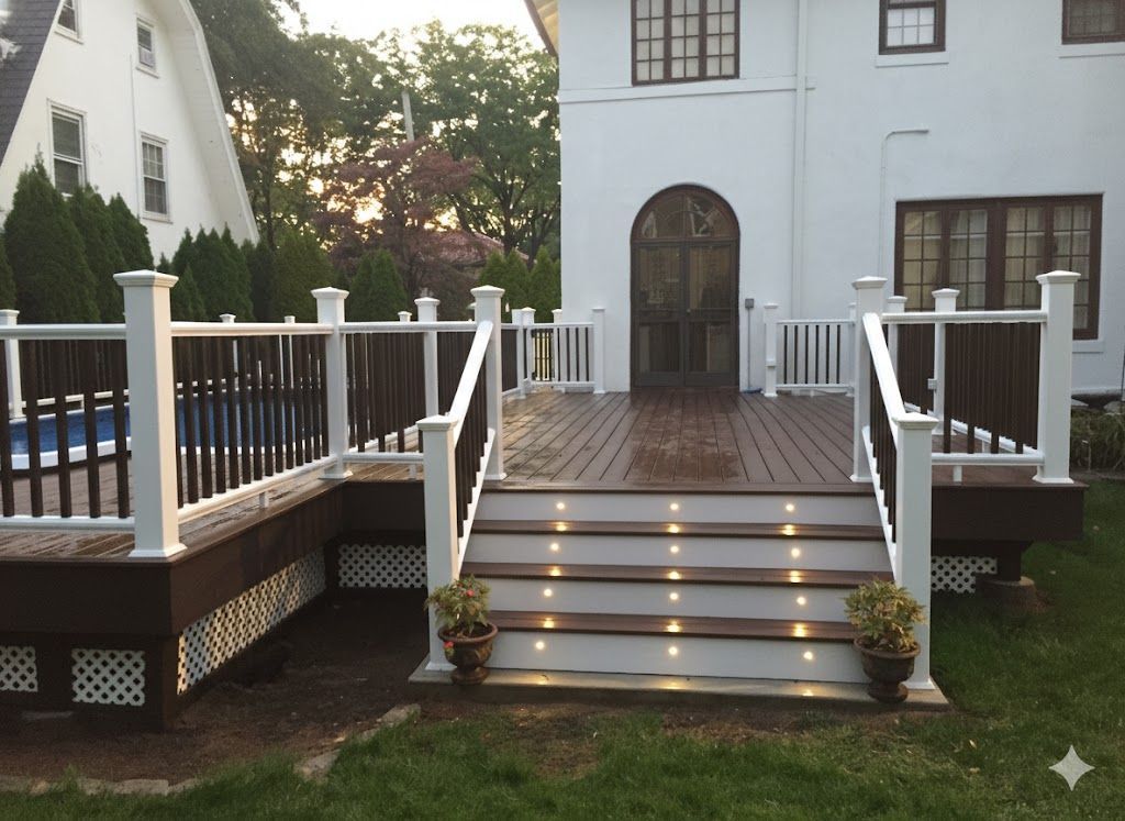 Above-ground pool in a backyard with a patio, covered porch, and a two-story house.