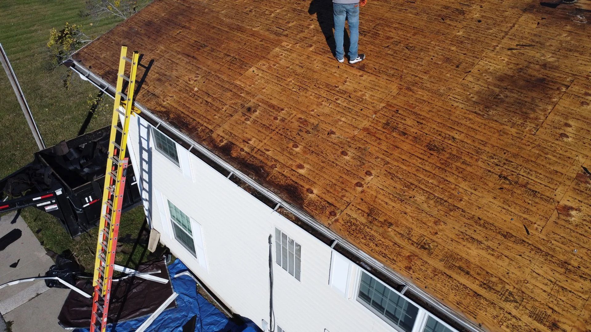 Person standing on a weathered roof near a ladder and gutter, blue tarp visible below.