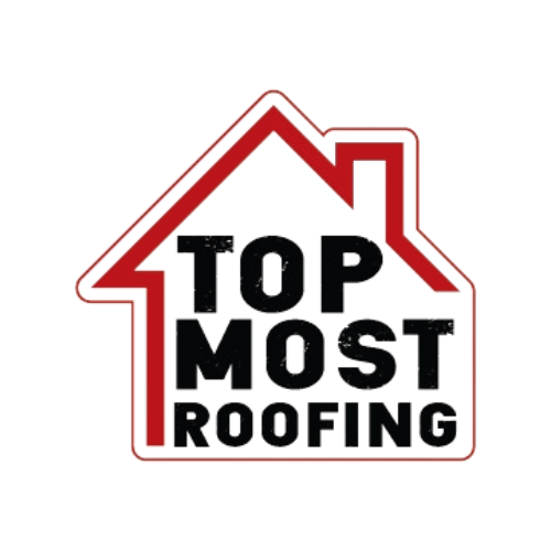Top Most Roofing logo: white house outline with red trim, black text.