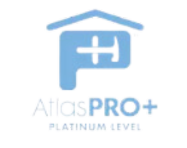 Blue logo: House shape above a modified