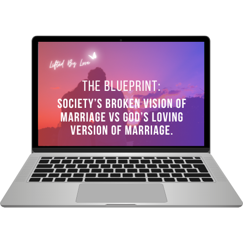 Laptop Computer monitor showing “THE BLUEPRINT: SOCIETY'S BROKEN VISION OF MARRIAGE VS GOD'S LOVING VERSION OF MARRIAGE” on a pink-purple gradient background