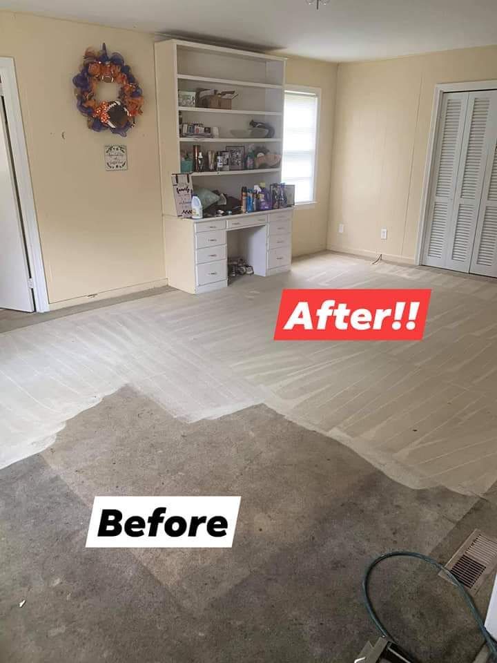 A split-view image showing a room before and after installing light-colored wood flooring over worn, dark carpet.