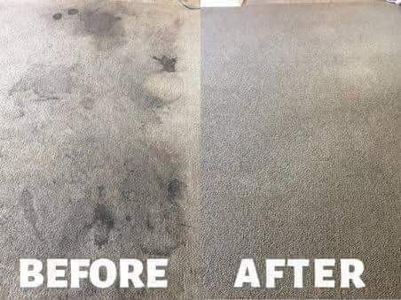 Split-screen view showing a grey carpet before and after professional cleaning, highlighting the removal of dark stains.