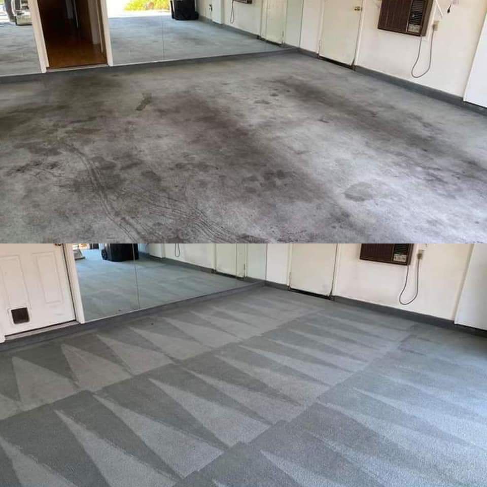 A before-and-after comparison of a carpeted floor, showing deep stains removed after a professional cleaning.