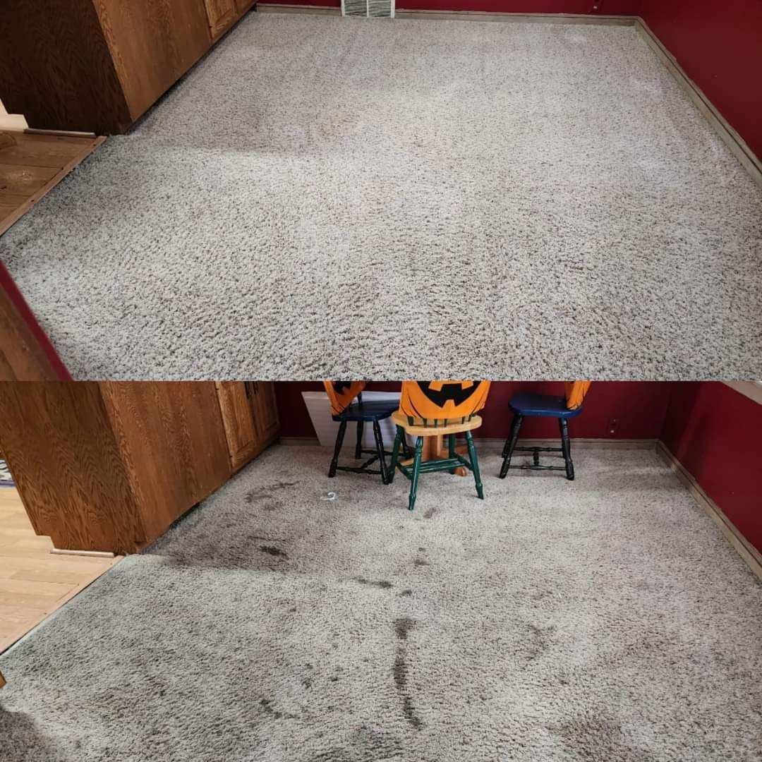 Before and after comparison of light-colored carpet showing significant dirt removal after professional cleaning.