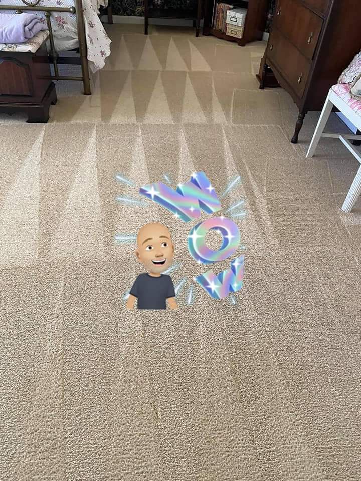 A bedroom floor with fresh carpet vacuum lines and a holographic 