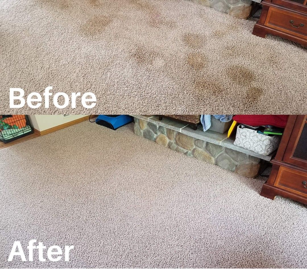 A before-and-after comparison of beige carpet, showing the removal of dark, patchy stains near a stone fireplace.