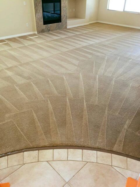 Newly cleaned light brown carpet in a living room with prominent vacuum or carpet cleaning marks, leading to a fireplace.