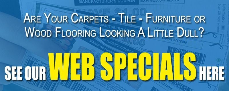 Text on a blue background asks about dull flooring and directs users to web specials.