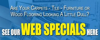 Text on a blue background asks about dull flooring and directs users to web specials.