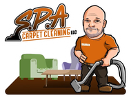 A cartoon logo for S.P.A. Carpet Cleaning showing a person in an orange shirt using a carpet cleaner in a living room.