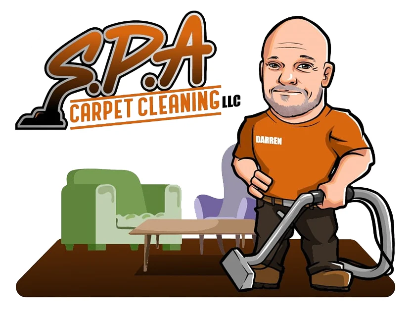 A cartoon logo for S.P.A. Carpet Cleaning showing a person in an orange shirt using a carpet cleaner in a living room.