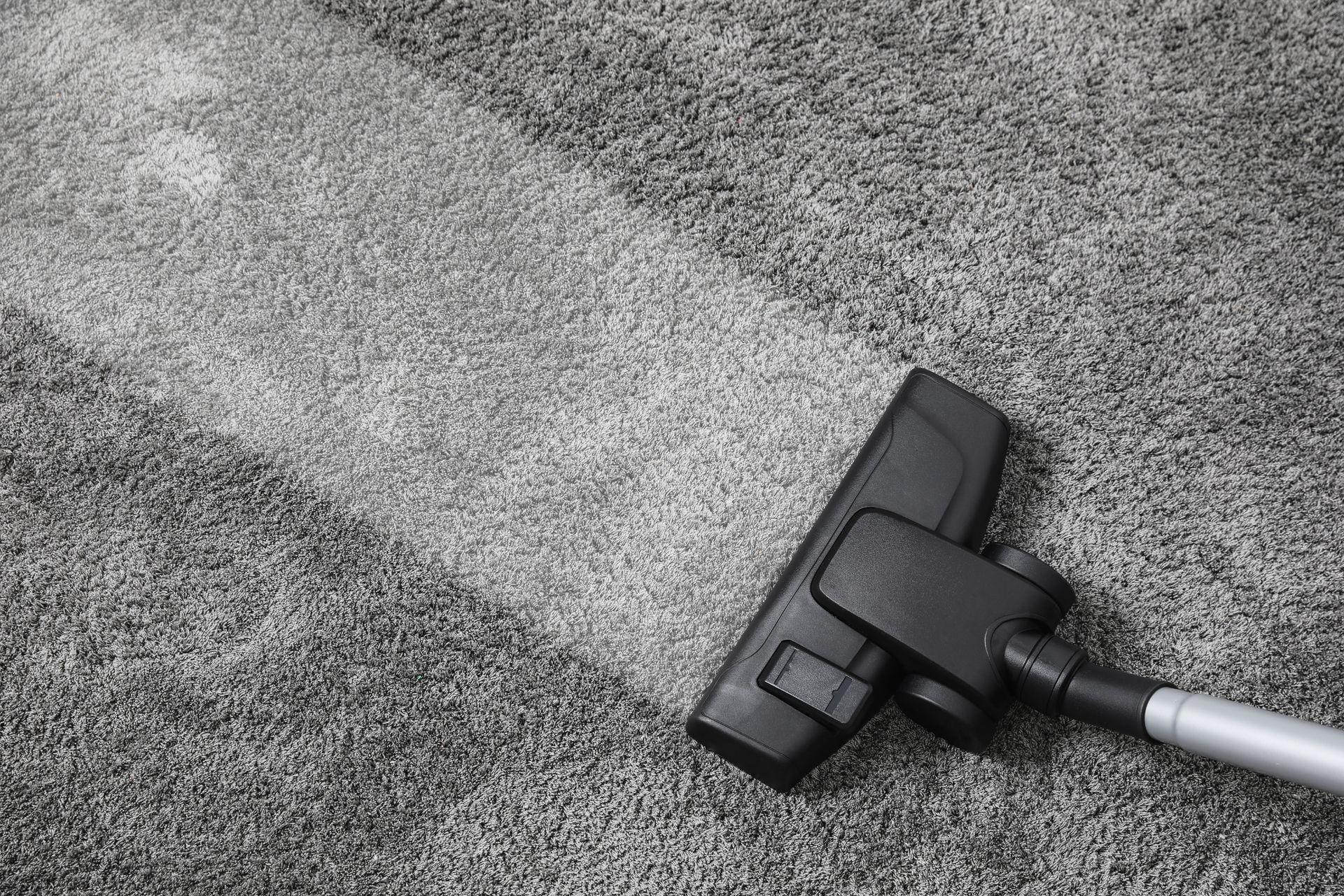 A vacuum cleaner head moving over a grey carpet, leaving a clean, lighter-colored path behind it.