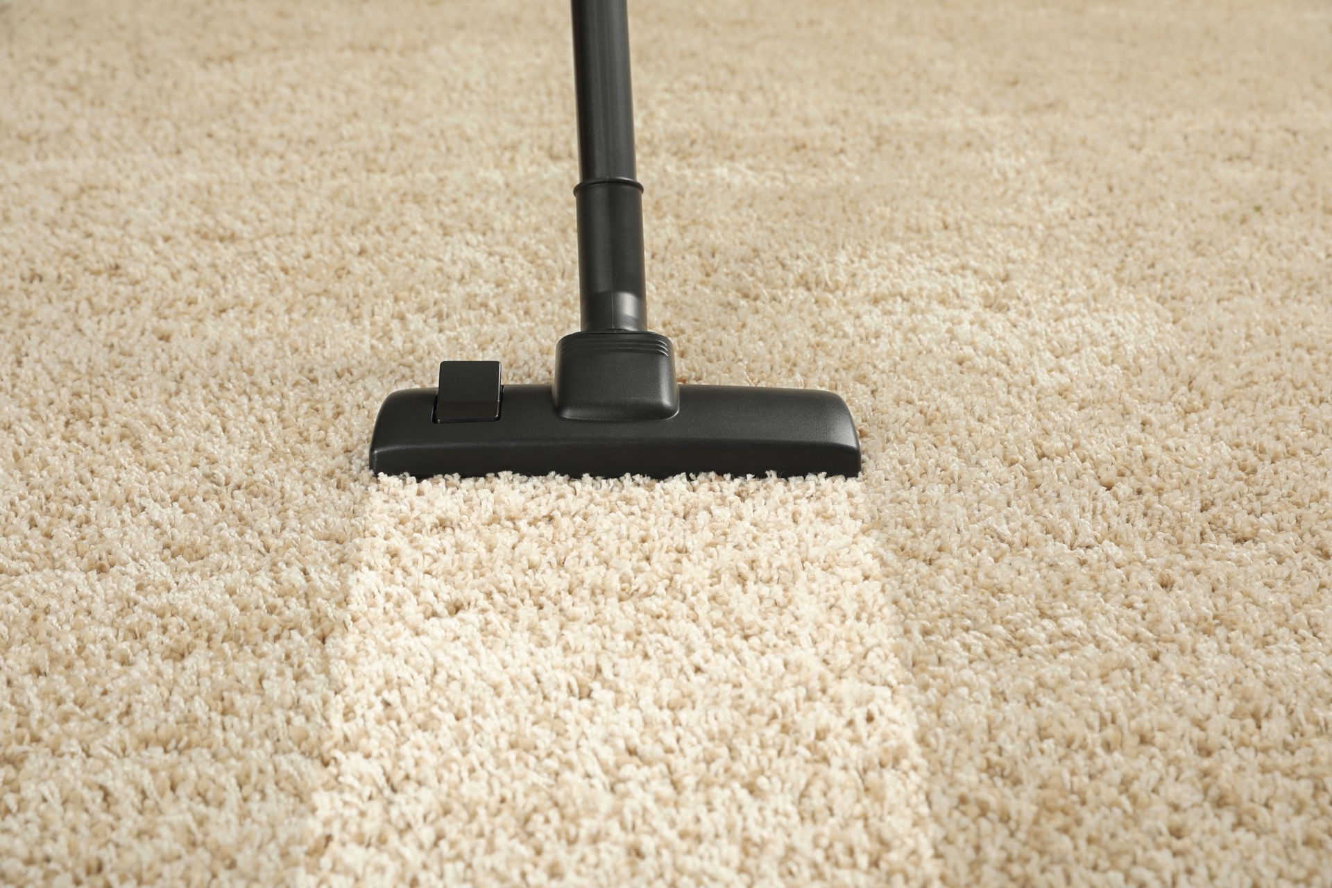 A vacuum cleaner nozzle cleans a visible path through a beige carpet.