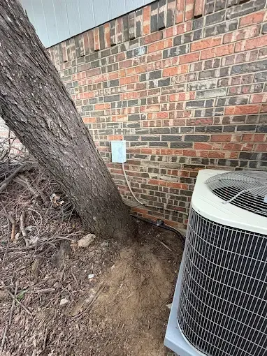 Tree leaning against brick wall beside outdoor HVAC unit and exposed roots in dirt.