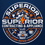 Logo for Superior Contracting & Appliance LLC with icons of a house, gear, bolt, tools, and stove in orange and blue.