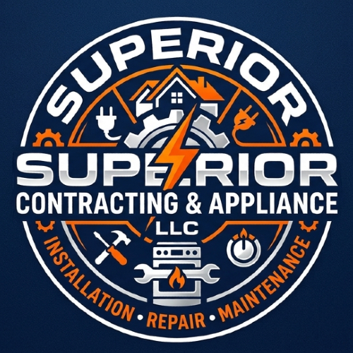 Logo for Superior Contracting & Appliance LLC with icons of a house, gear, bolt, tools, and stove in orange and blue.