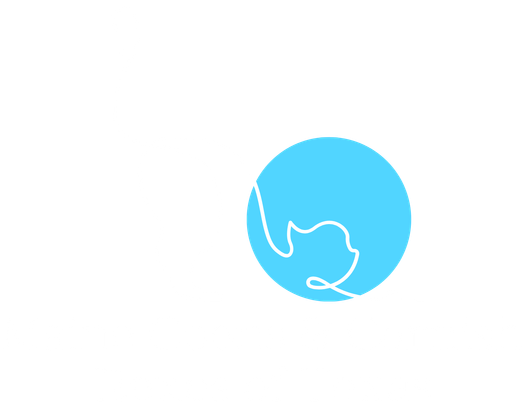 Light blue circle with a white continuous-line cat design.