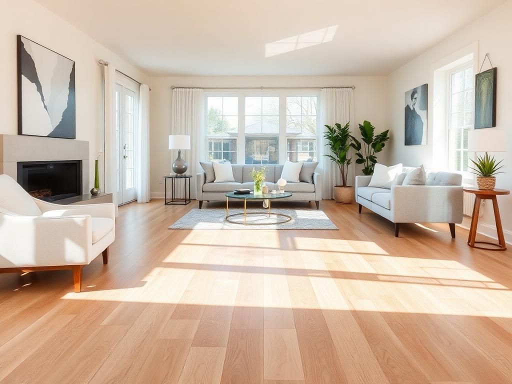 Bright modern living room with large windows, white sofas, plants, and sunlight on wooden floors