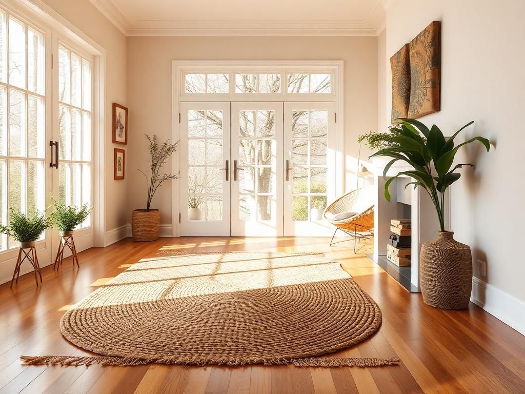 Bright sunlit living room with hardwood floors, woven rug, white doors, and potted plants