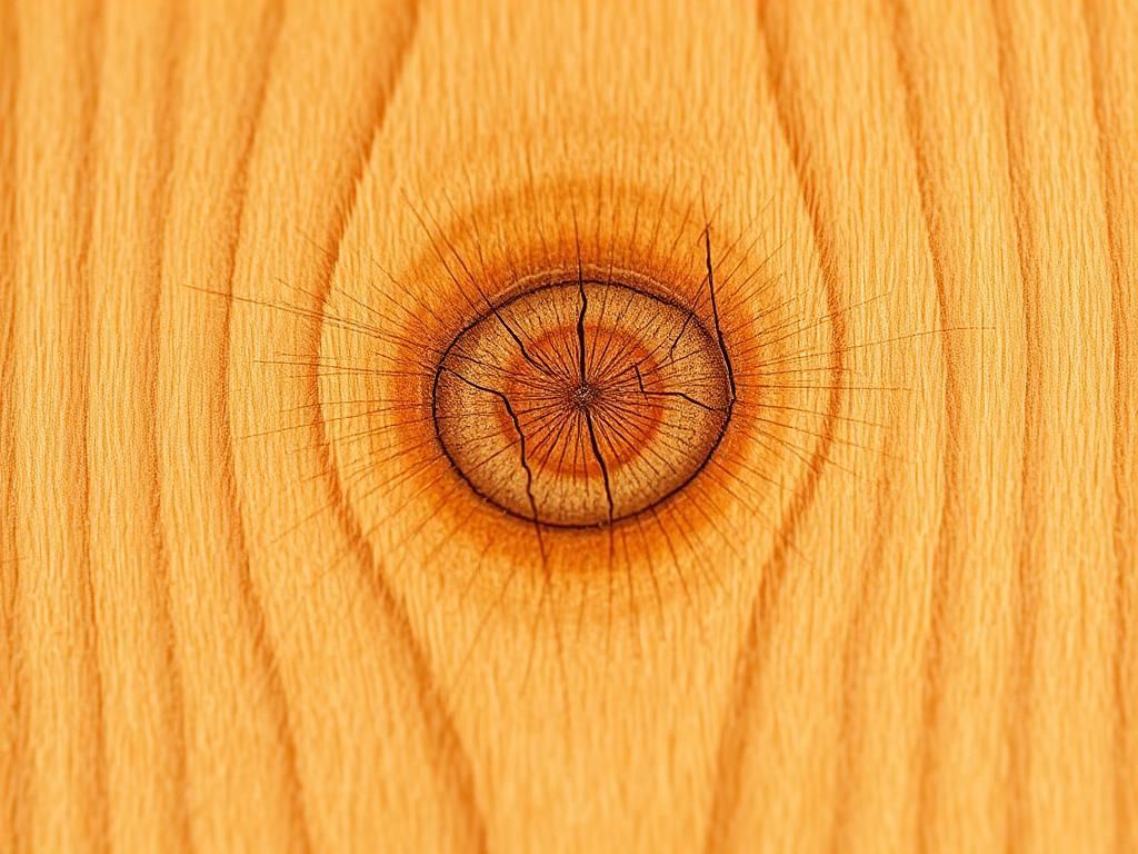 Close-up of a tree trunk cross-section with orange wood grain and a dark knot at center