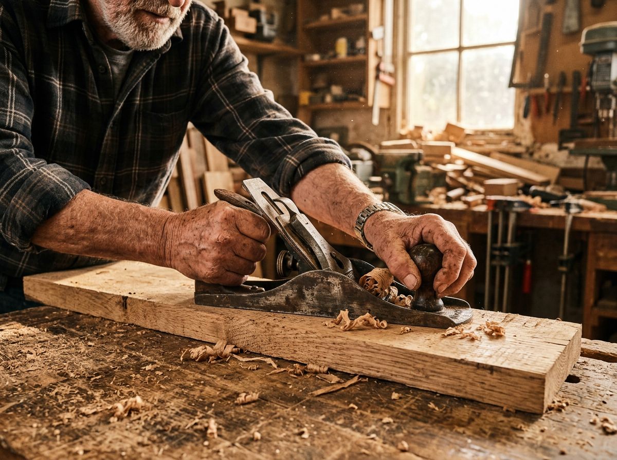 Person using a hand plane on a wooden board in a cluttered workshop, with sawdust scattered around.