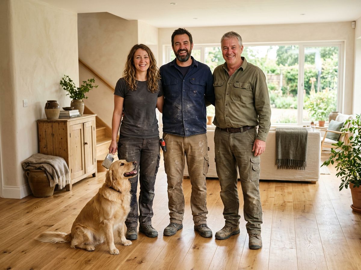 Three people and a golden retriever stand in a bright living room with large windows.