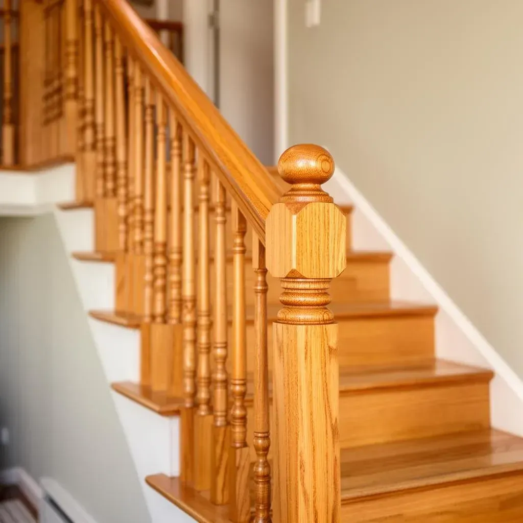 Wooden staircase with polished banister and spindles in a bright interior hallway