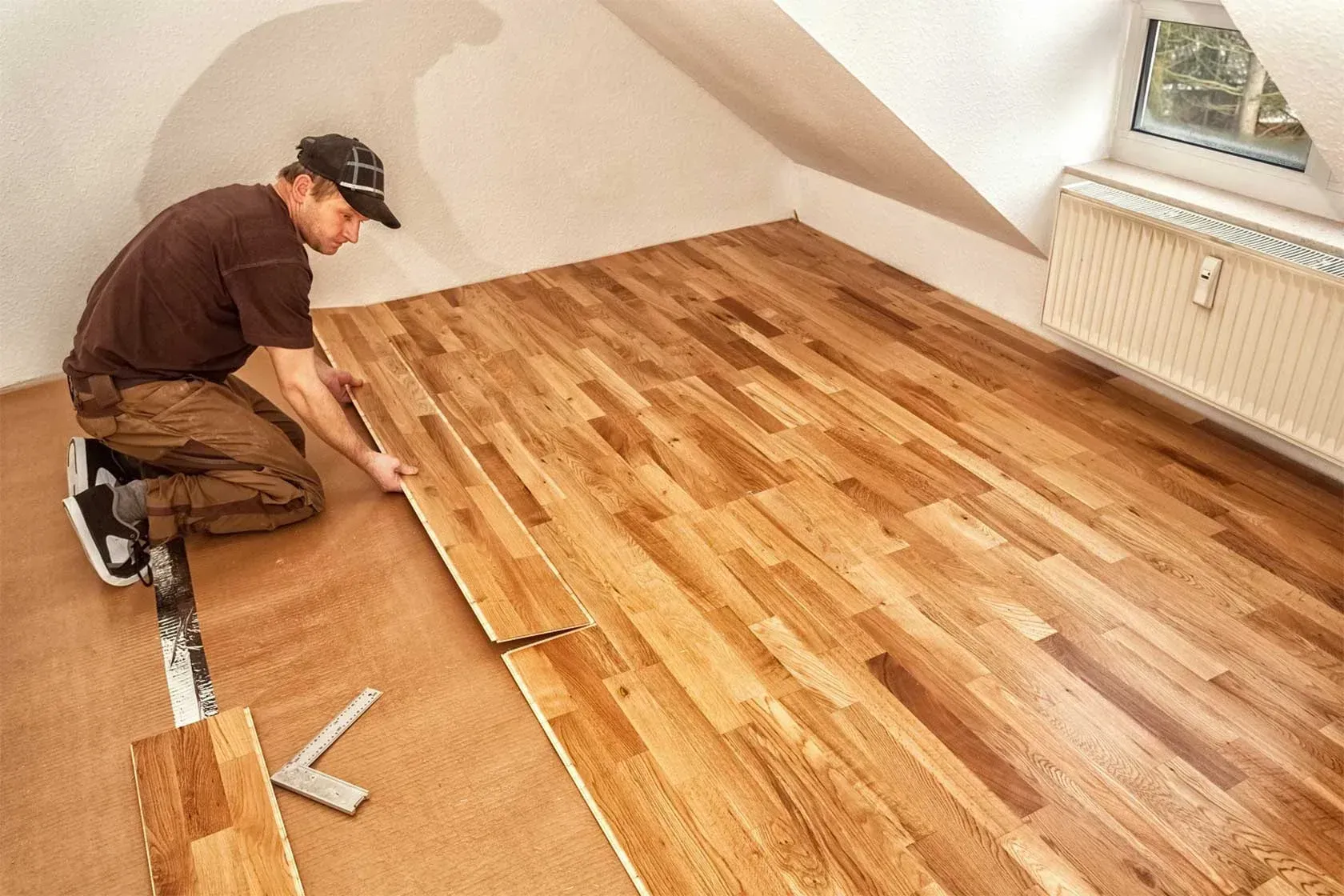 Worker installing wood flooring in an attic room with slanted ceiling