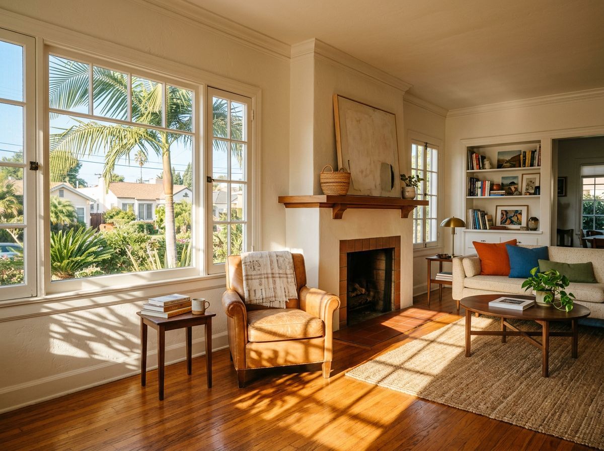 Sunlit living room with large windows, fireplace, armchair, and warm wood floors