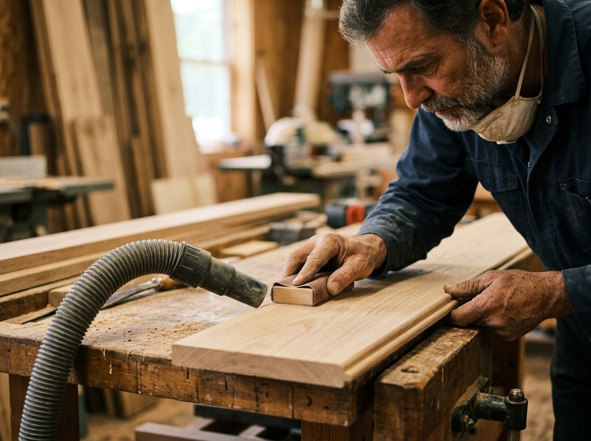 Woodworker sanding a wooden board in a workshop, with sawdust and tools visible.