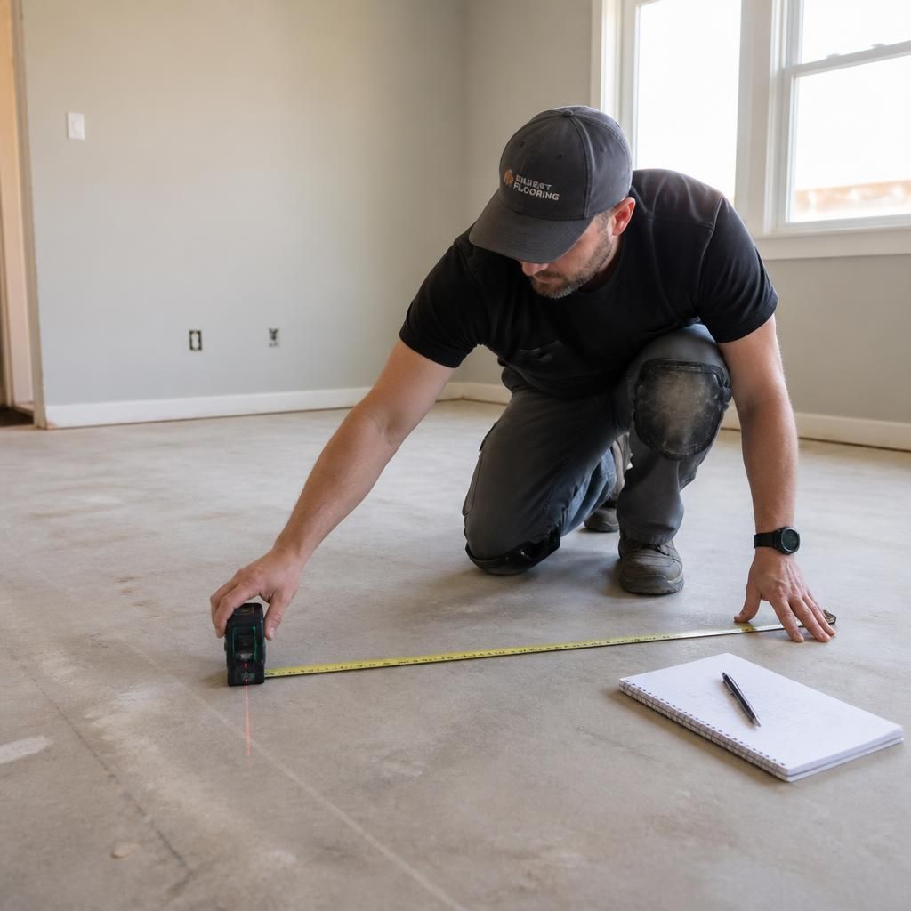 Worker kneeling and measuring a room floor with a tape measure beside a notebook and pencil.