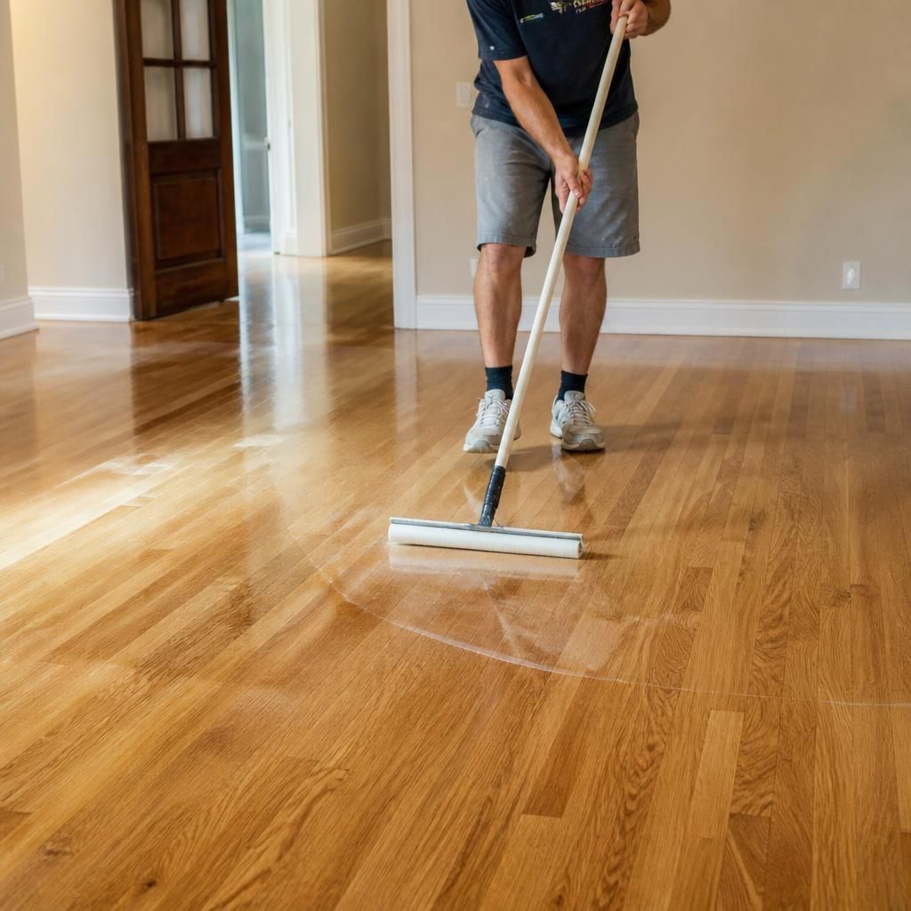 Person mopping a shiny hardwood floor in an empty room