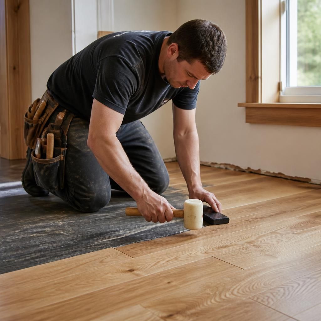 Worker installing hardwood floor with mallet and tapping block in a sunlit room