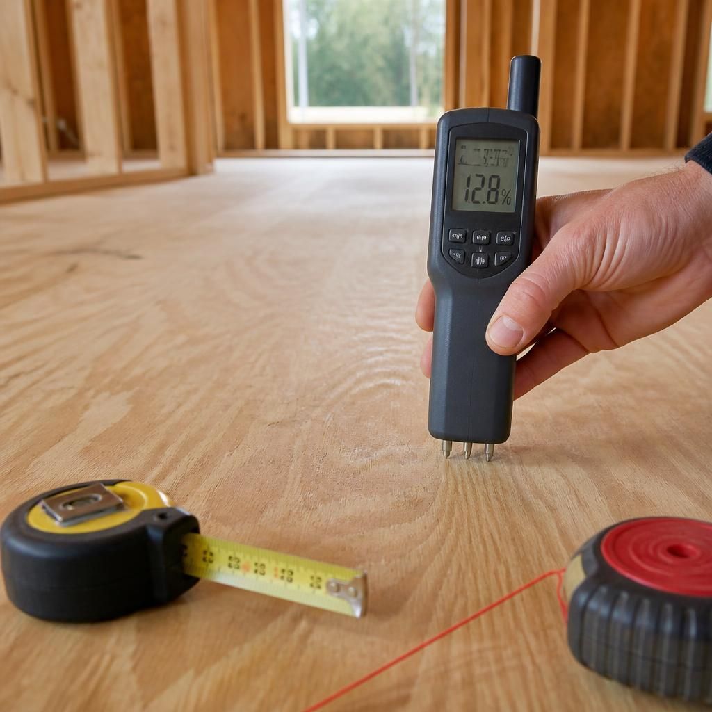 Hand holding a moisture meter over a wooden floor with two tape measures and a laser line.