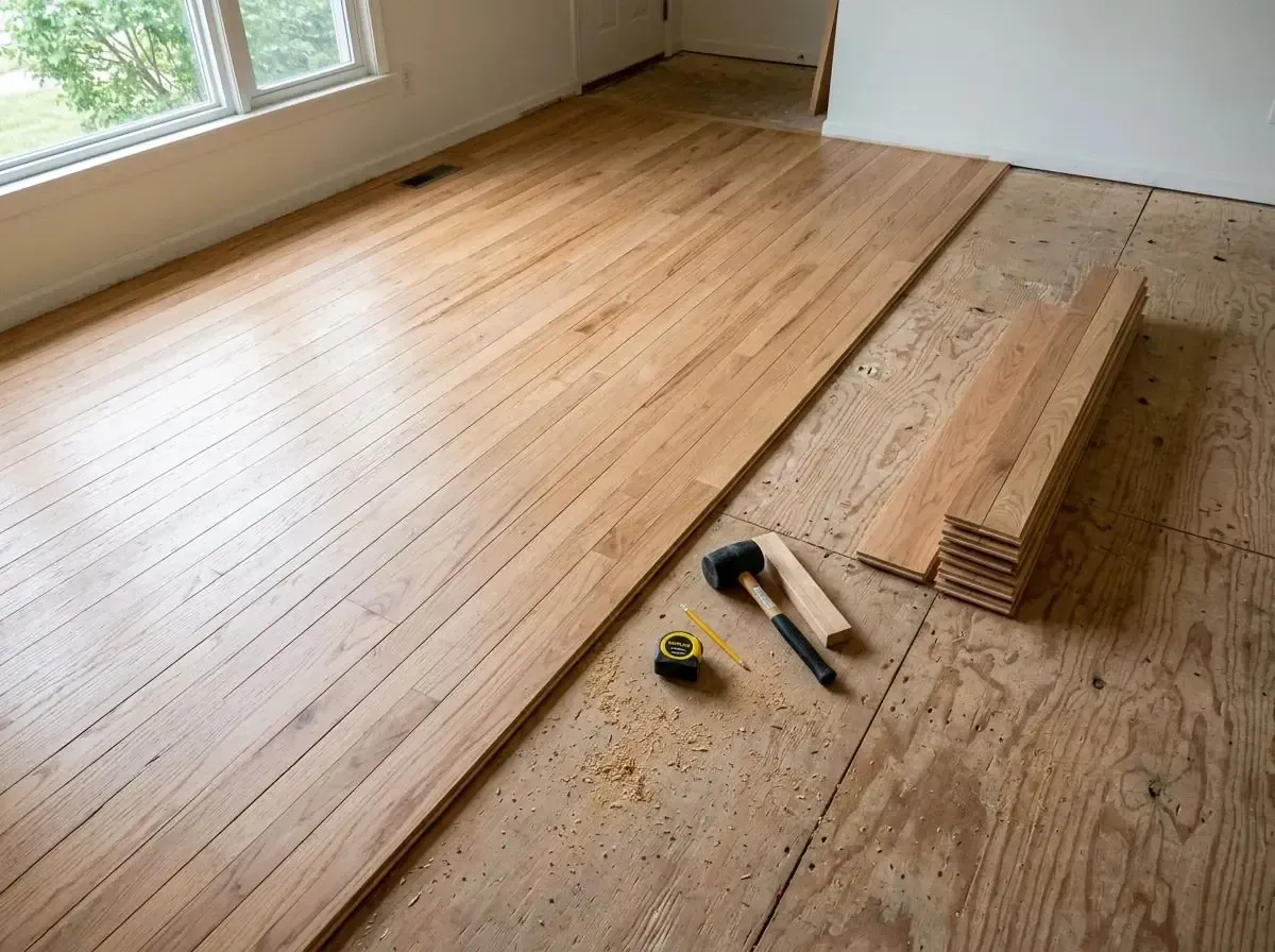 Hardwood floorboards being installed in a room, with tools and stacked planks on the subfloor.