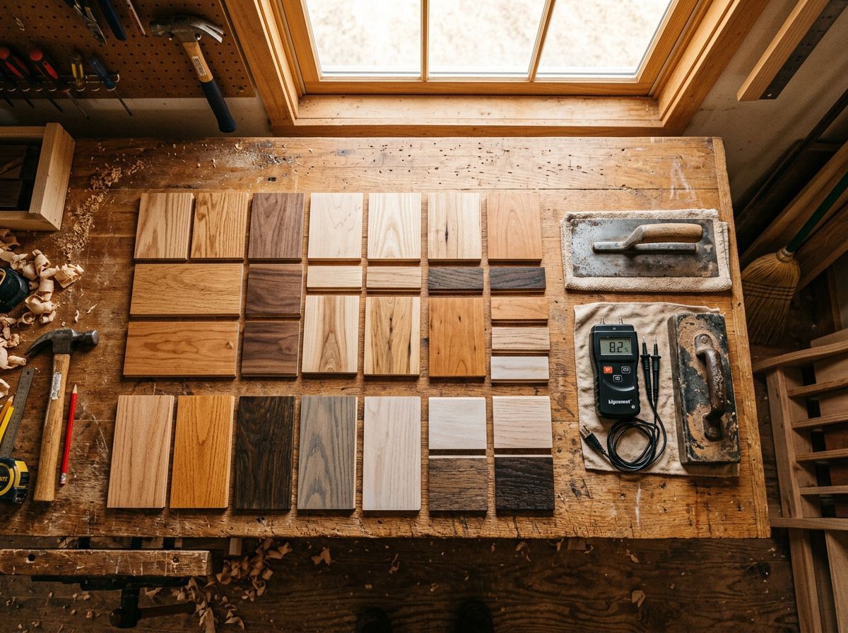 Woodworking bench with arranged wood sample tiles, tools, and measuring devices in warm light