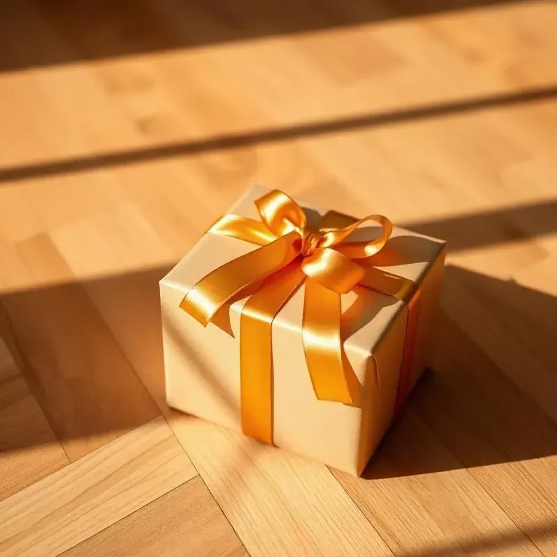 Small white gift box with orange ribbon on a sunlit wooden floor