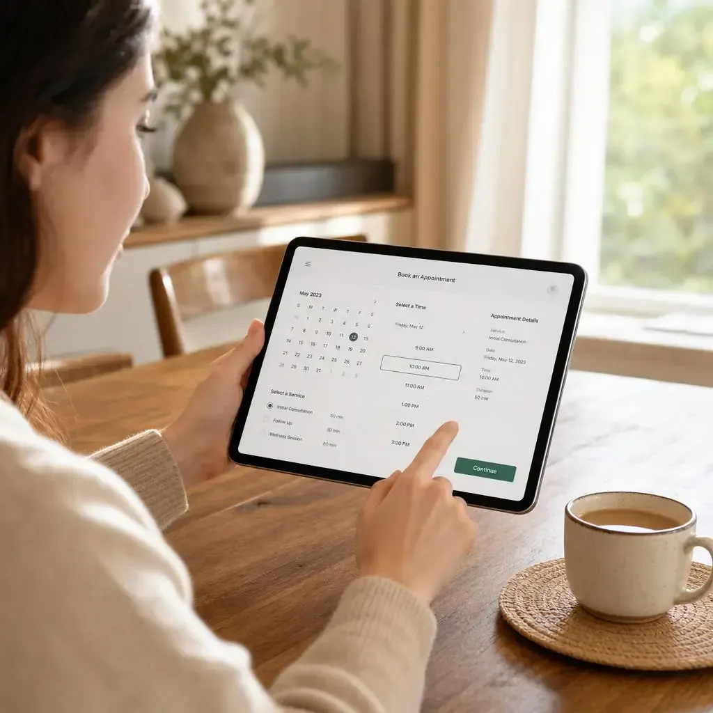 Person using a tablet at a wooden table by a window, with a coffee cup beside them.