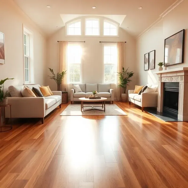 Bright sunlit living room with hardwood floors, beige sofas, and a fireplace