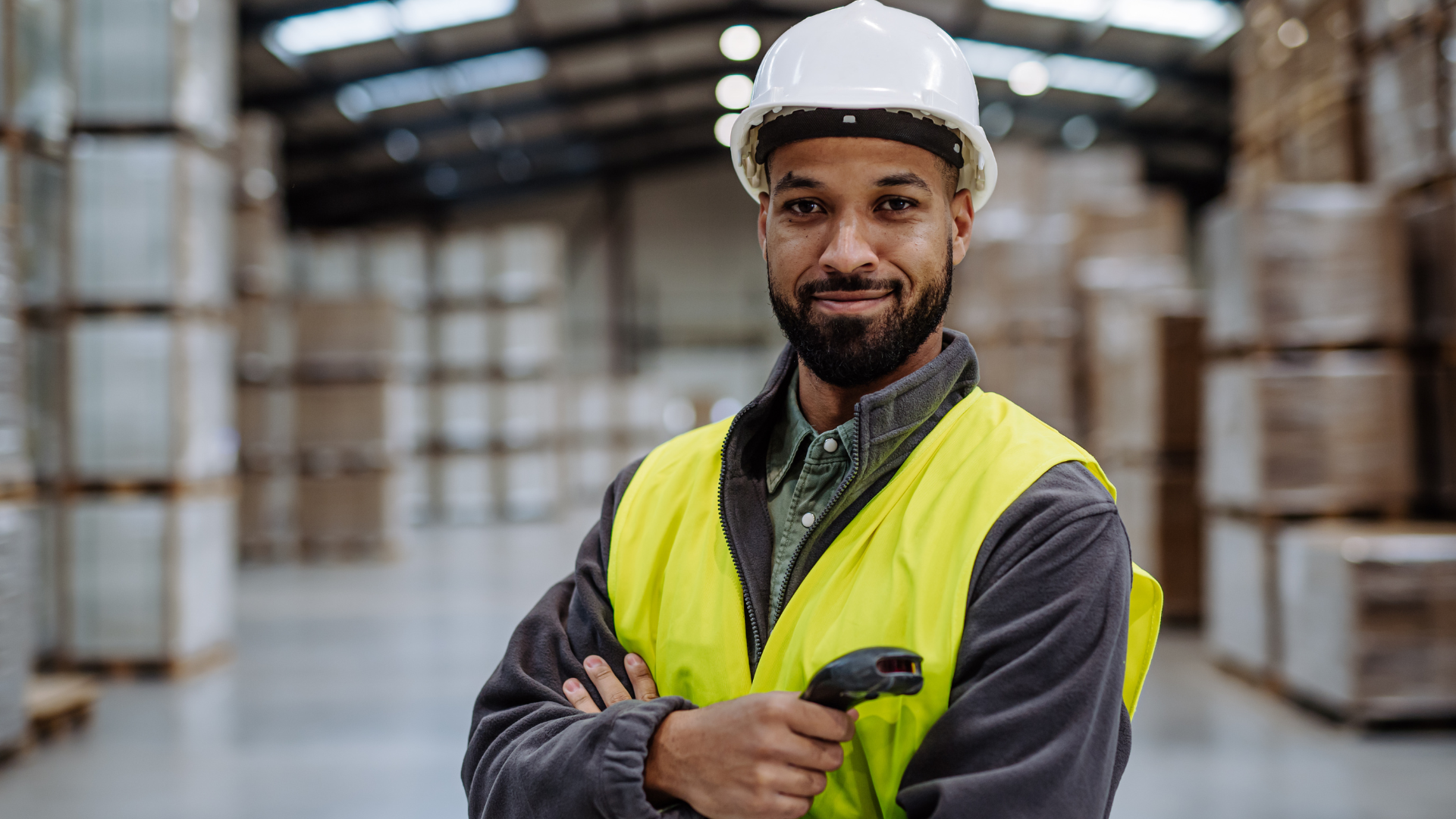 Warehouse worker in hard hat and neon vest standing with arms crossed among stacked boxes.